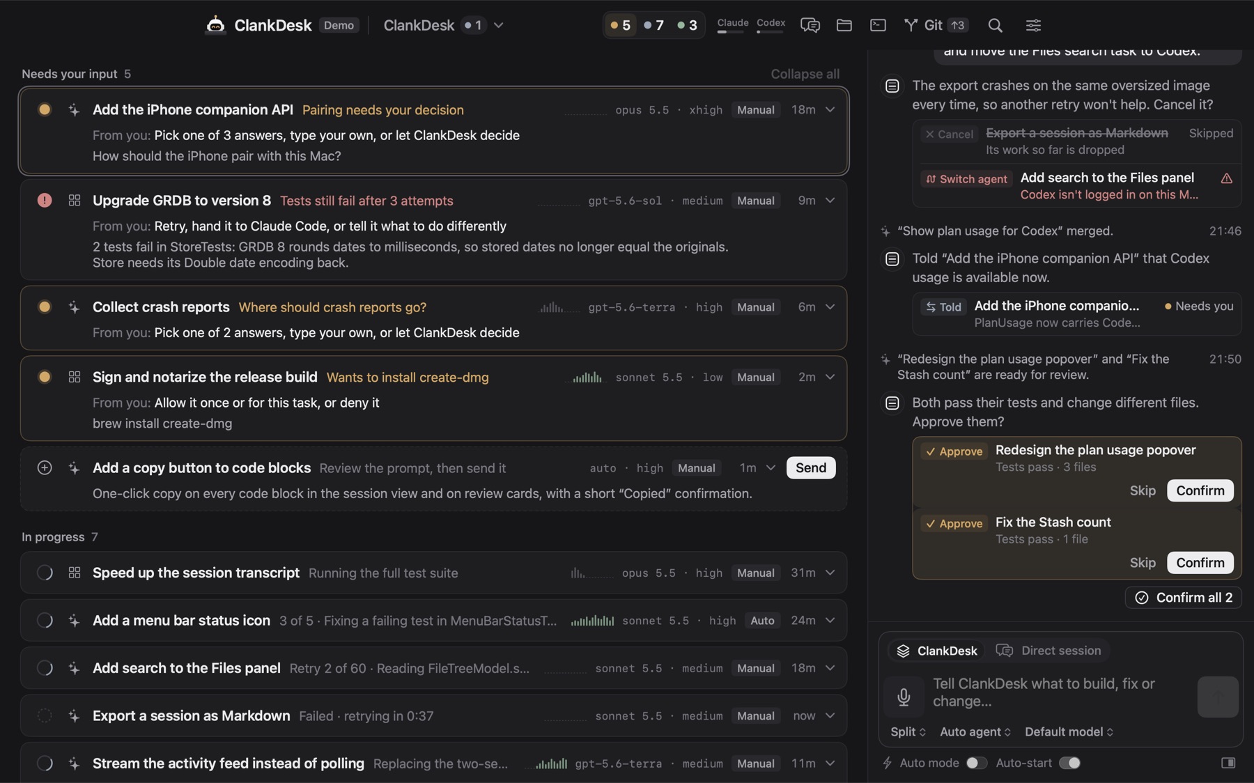 The task board with the chat column on the right asking to approve two finished tasks