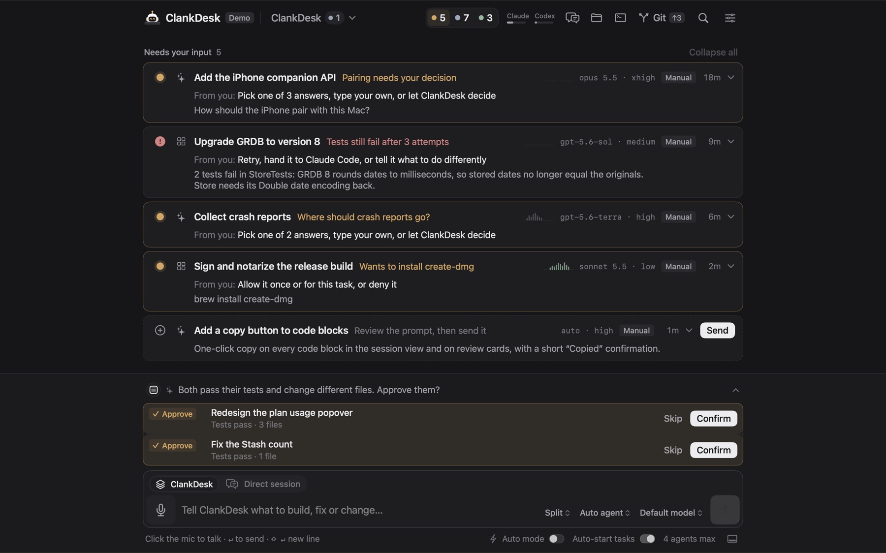 The ClankDesk board: cards that need you on top, tasks in progress below, the composer at the bottom
