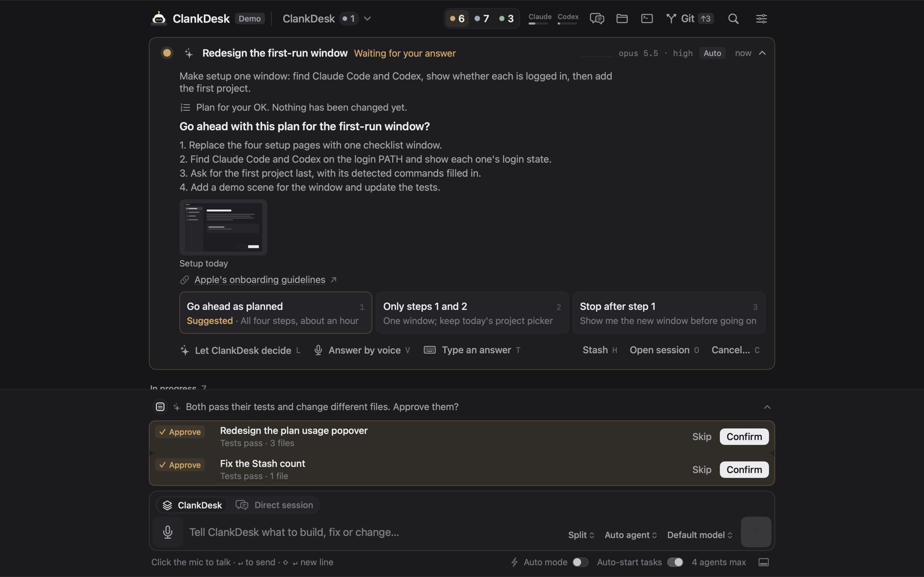 A question card showing a four-step plan, a screenshot and three answers to choose from
