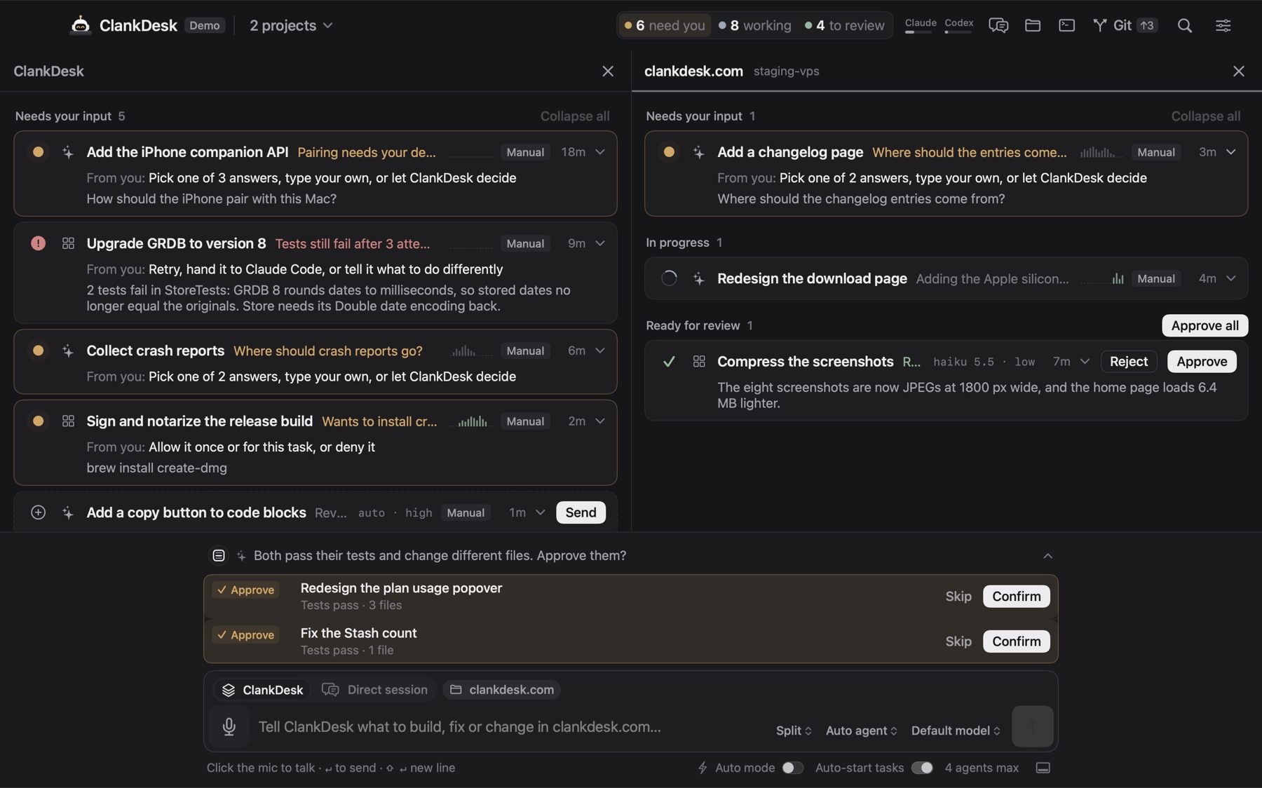 Two projects side by side in columns, with the chat asking to approve two tasks